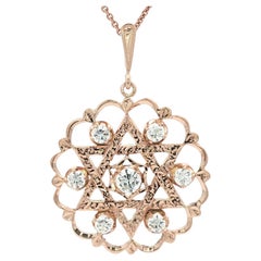 Vintage 14k Rosy Yellow Gold 1.53ctw Diamond Star of David Medallion Pendentif