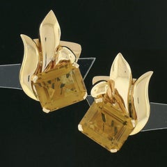 Vintage 14k Rosy Yellow Gold Emerald Cut Citrine Polished Flame Clip On Earrings