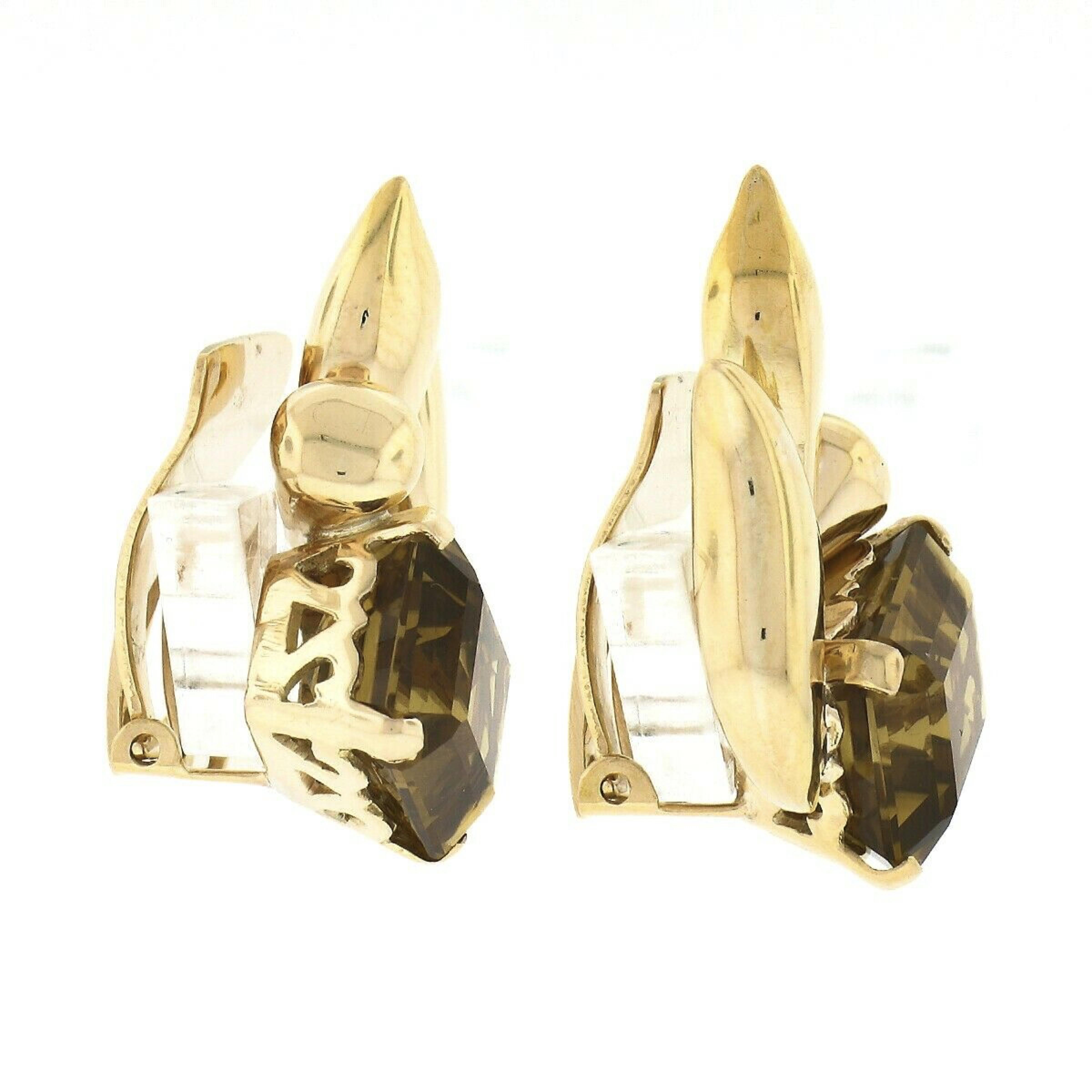 Retro Vintage 14k Rosy Yellow Gold Emerald Cut Citrine Polished Flame Clip On Earrings For Sale