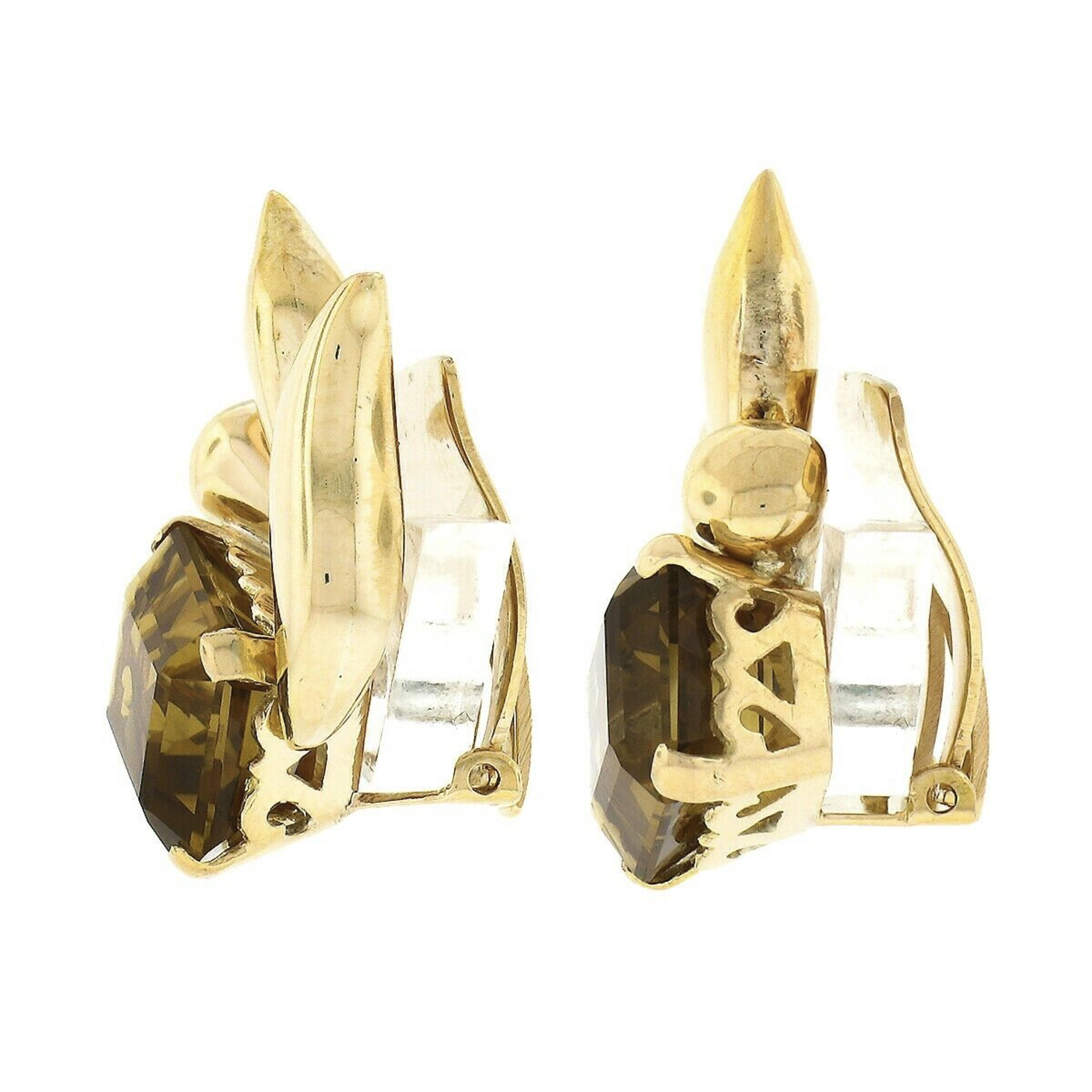 Vintage 14k Rosy Yellow Gold Emerald Cut Citrine Polished Flame Clip On Earrings In Good Condition For Sale In Montclair, NJ