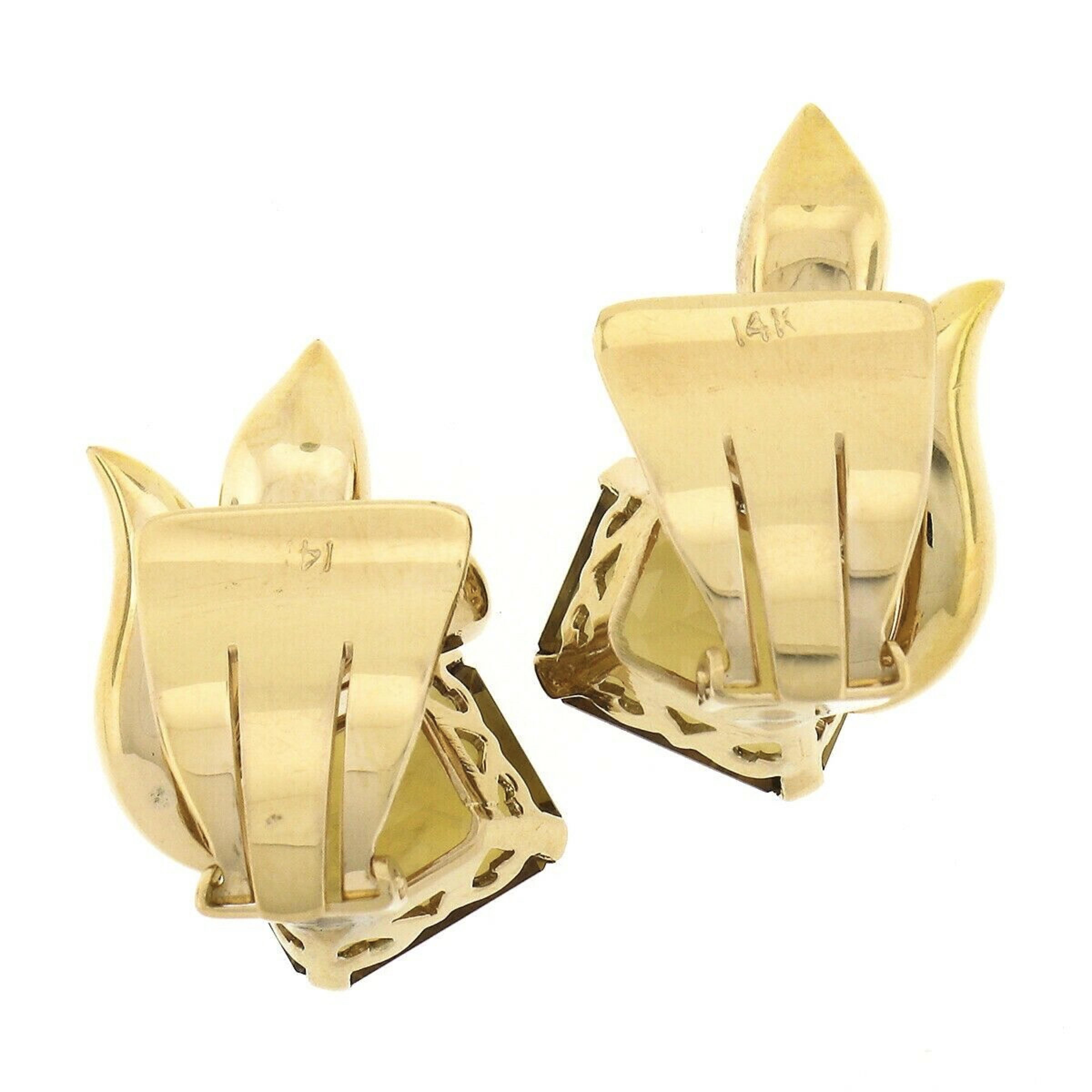Women's Vintage 14k Rosy Yellow Gold Emerald Cut Citrine Polished Flame Clip On Earrings For Sale