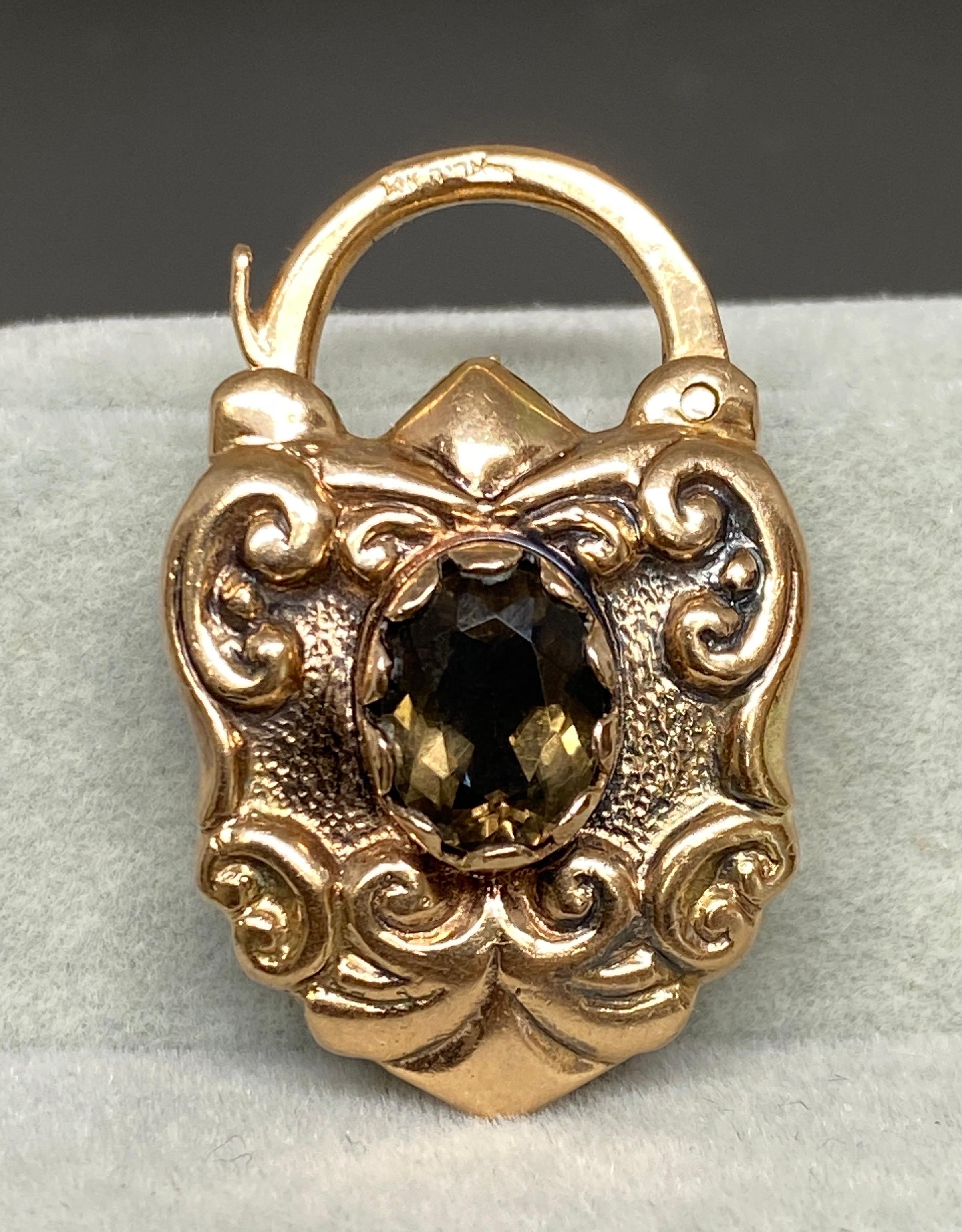 Vintage 14k Rosy Yellow Gold Garnet & Citrine Padlock Lock Charm Pendant For Sale 11