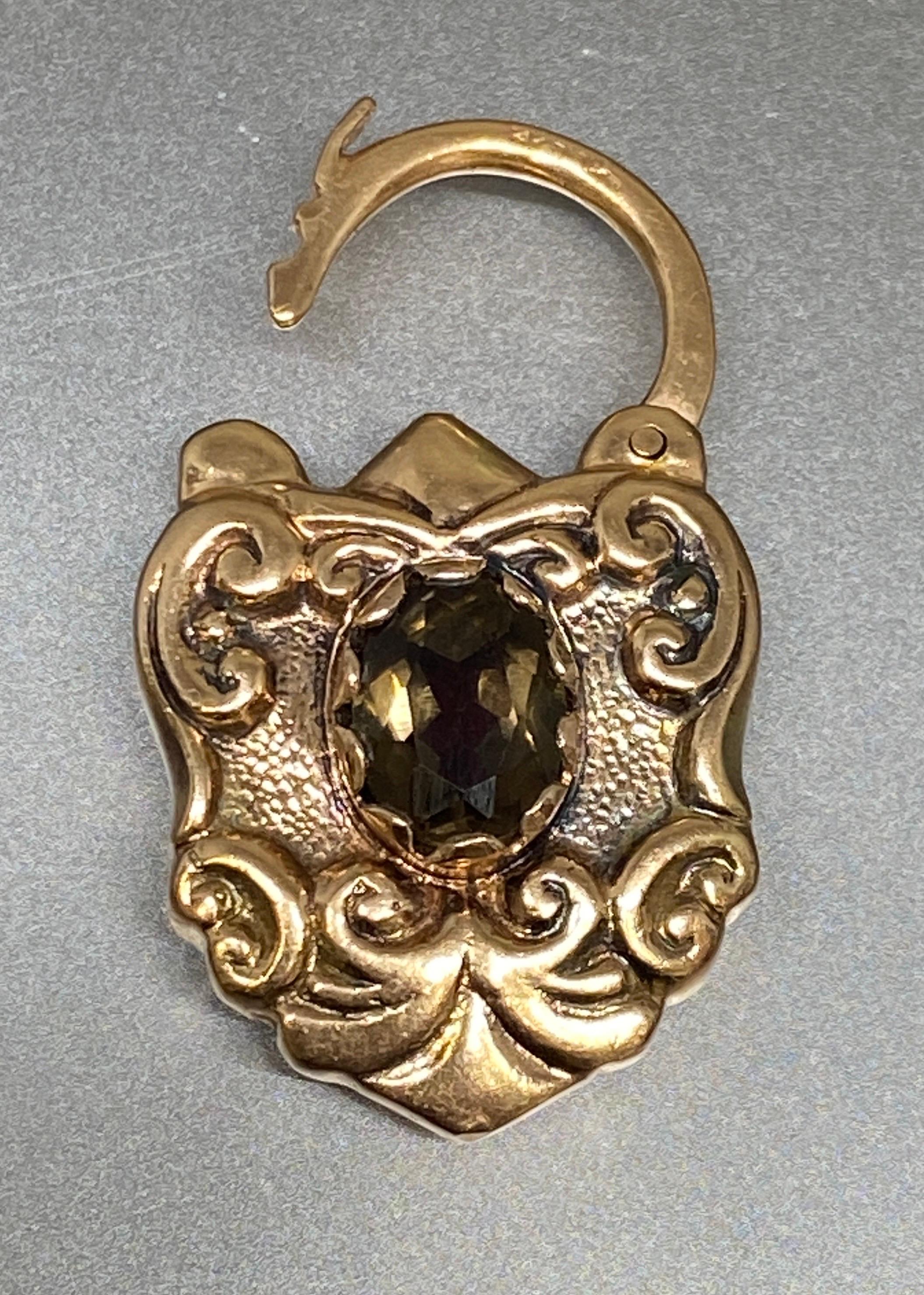 Oval Cut Vintage 14k Rosy Yellow Gold Garnet & Citrine Padlock Lock Charm Pendant For Sale