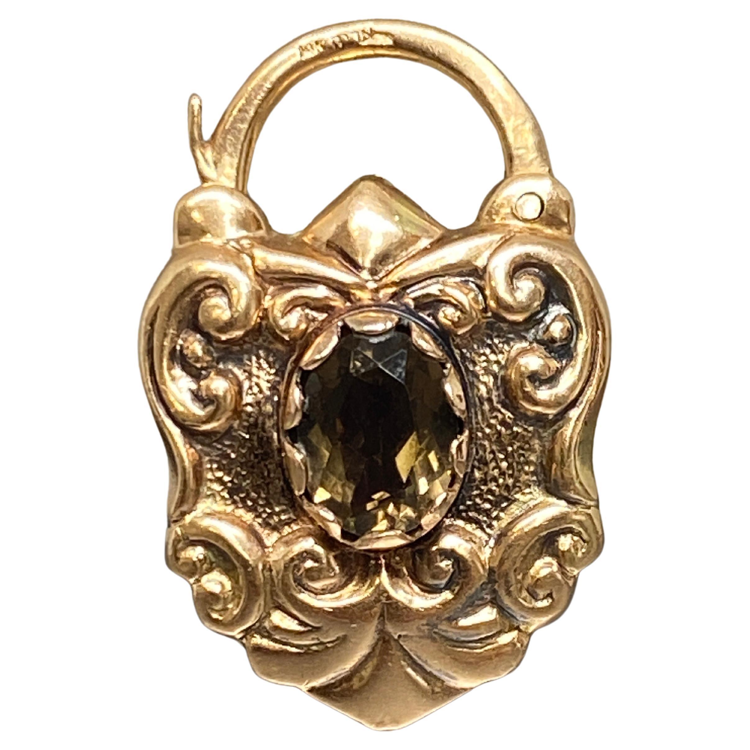 Vintage 14k Rosy Yellow Gold Garnet & Citrine Padlock Lock Charm Pendant For Sale