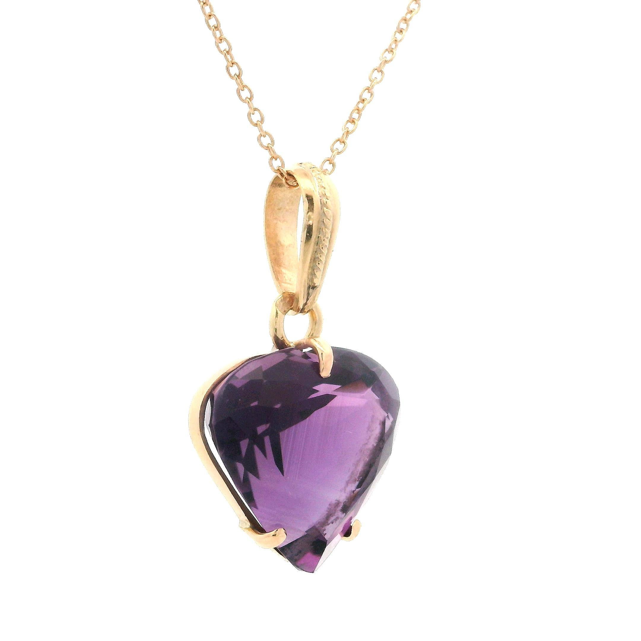 Vintage 14k Rosy Yellow Gold Heart Cut Amethyst Pendant on 18