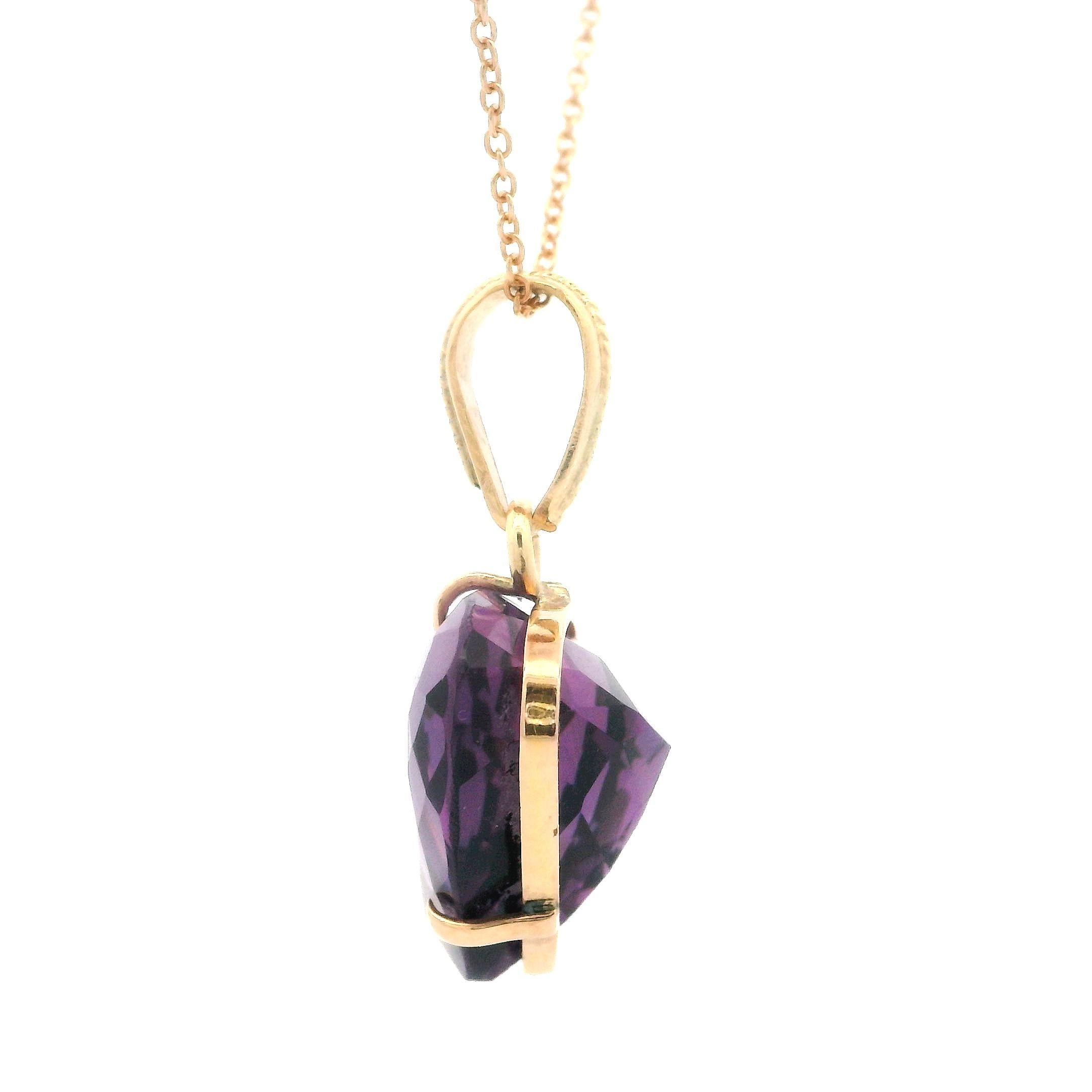 Vintage 14k Rosy Yellow Gold Heart Cut Amethyst Pendant on 18