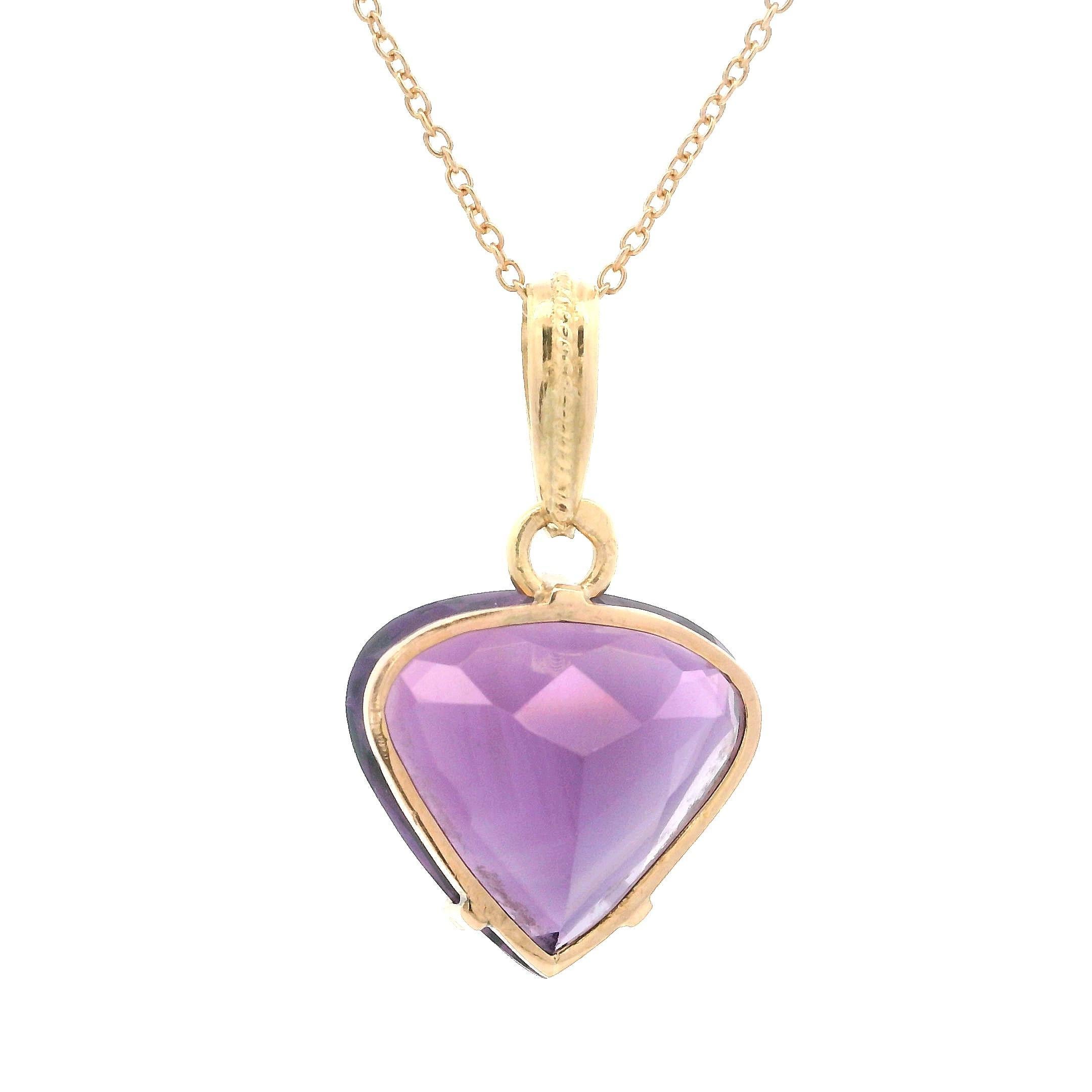 Vintage 14k Rosy Yellow Gold Heart Cut Amethyst Pendant on 18