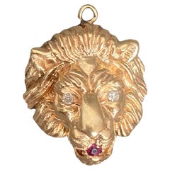 Vintage 14K Ruby & Diamond Lion Head Charm Pendant