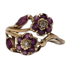Vintage 14K Ruby Floral Bypass Ring with Diamonds Accents