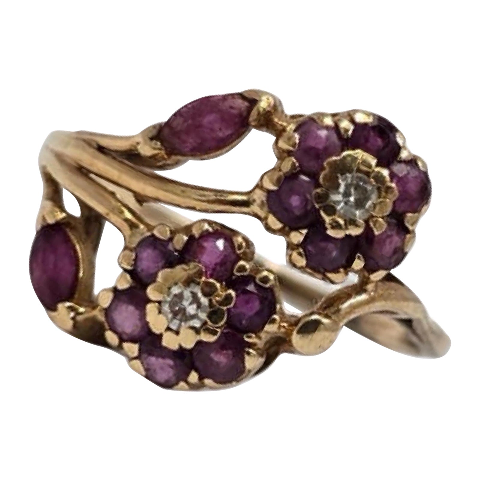Vintage 14K Ruby Floral Bypass Ring with Diamonds Accents