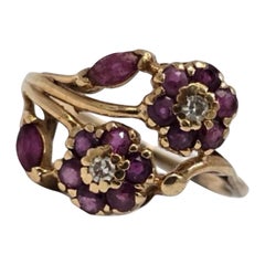 Vintage 14K Ruby Floral Bypass Ring with Diamonds Accents