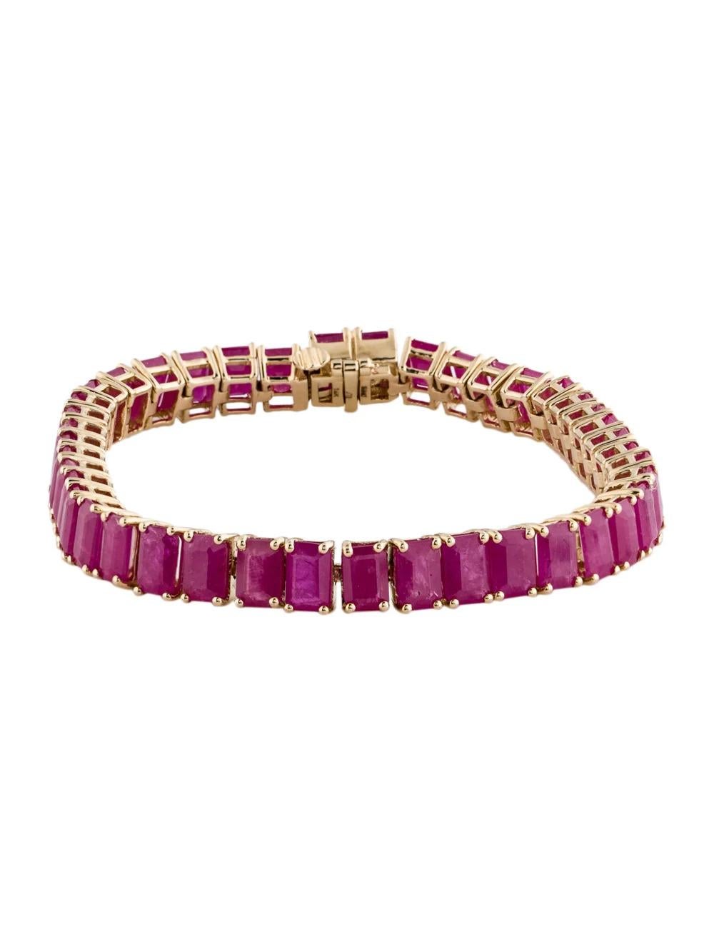 Enhance your jewelry collection with this exquisite 14K Yellow Gold Ruby Link Bracelet, showcasing a magnificent 30.20 carat Cut Cornered Rectangular Step Cut Ruby. Impeccably crafted, this bracelet exudes elegance and luxury, making it a timeless