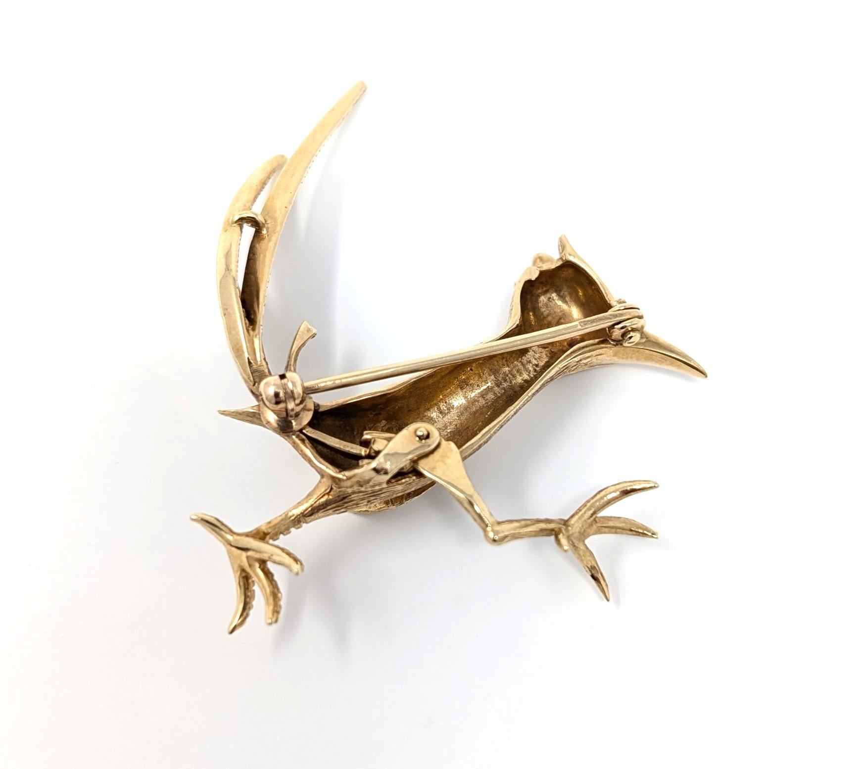 Round Cut Vintage 14k Ruby Roadrunner Brooch Pin Solid Yellow Gold Bird Kinetic Jewelry For Sale