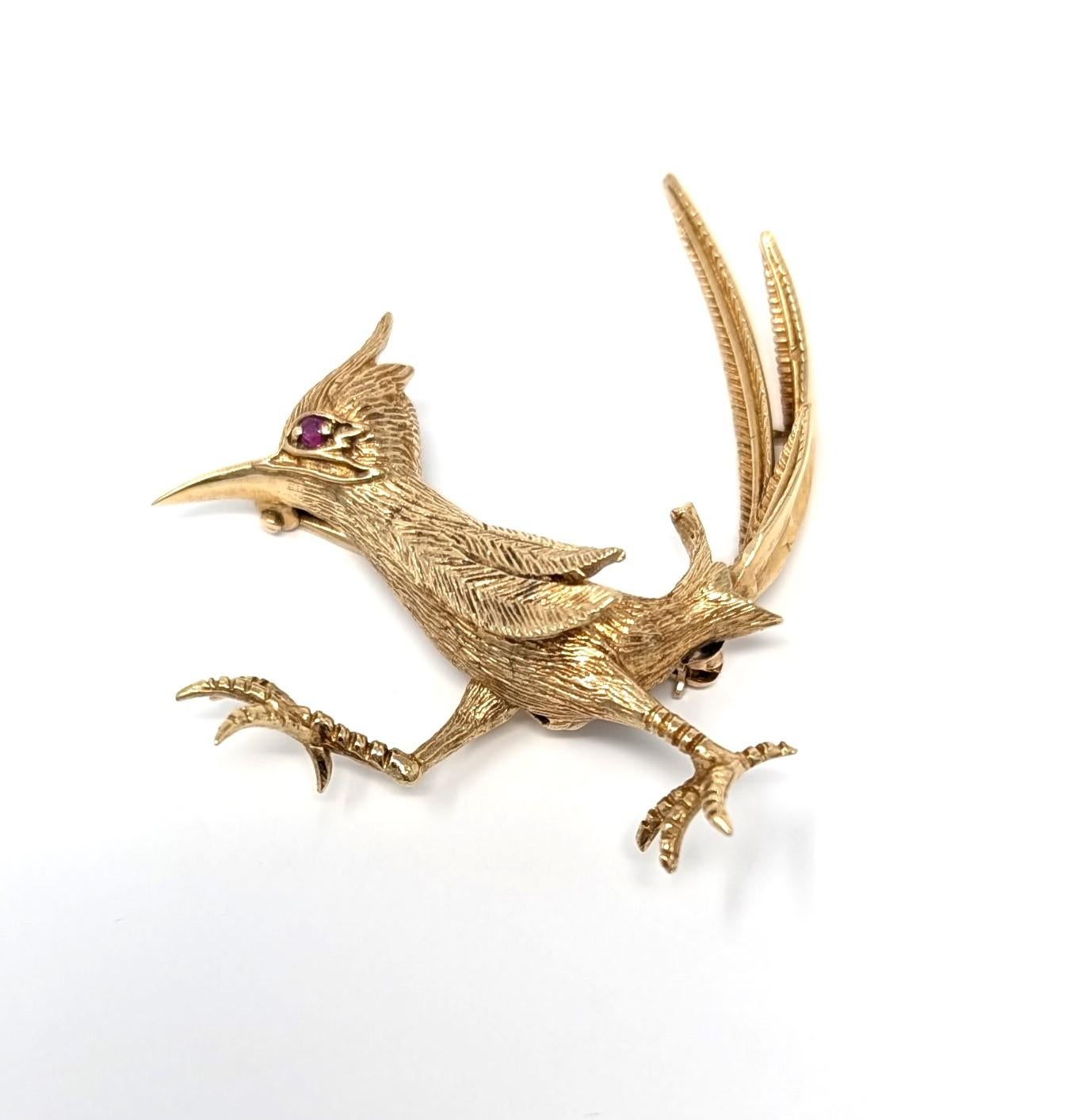 Vintage 14k Ruby Roadrunner Brooch Pin Solid Yellow Gold Bird Kinetic Jewelry For Sale 2