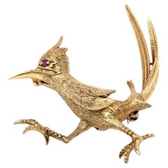 Vintage By 14k Rubino Roadrunner Spilla Oro Giallo Solido Uccello Cinetico Gioielli