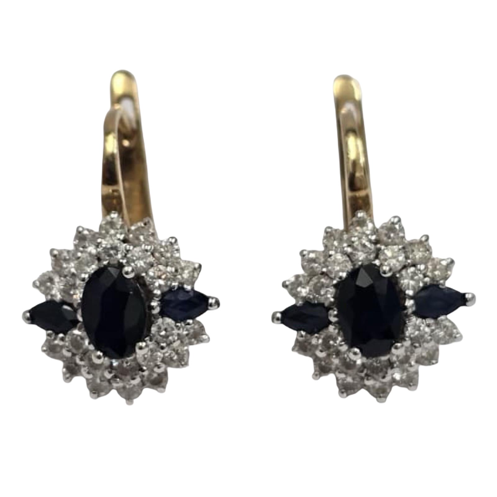 Orecchini a grappolo con zaffiri e diamanti vintage 14K 1,52ctw - Classic Glamour