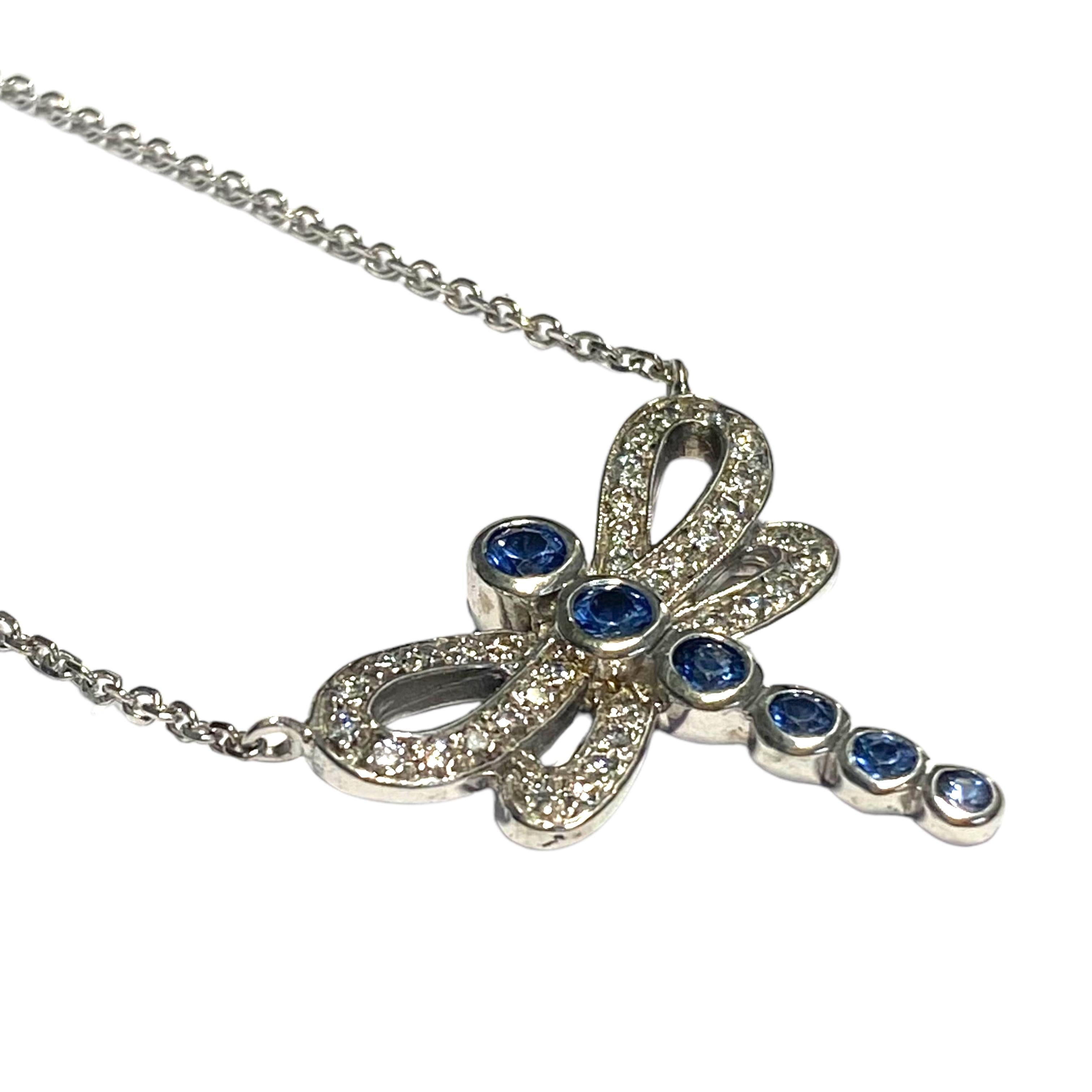 Contemporary Vintage 14K Sapphire & Diamond Dragonfly Necklace For Sale