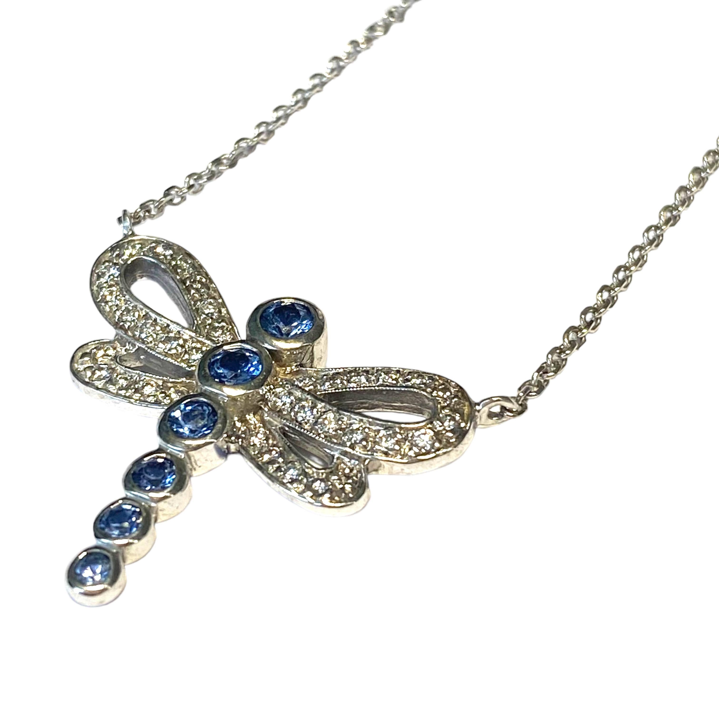 Round Cut Vintage 14K Sapphire & Diamond Dragonfly Necklace For Sale