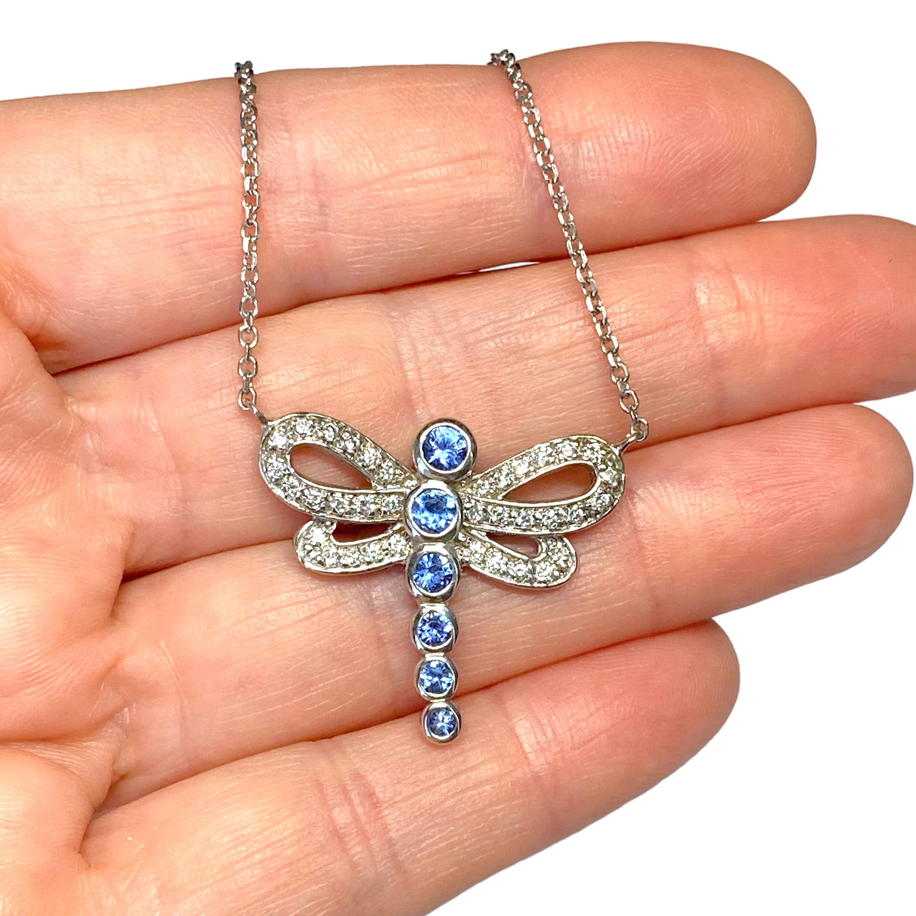 Women's Vintage 14K Sapphire & Diamond Dragonfly Necklace For Sale