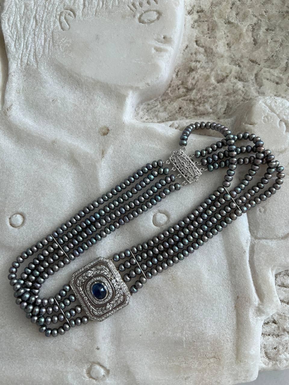 Round Cut Vintage 14K Sapphire, Diamond & Dyed Pearl Choker Necklace