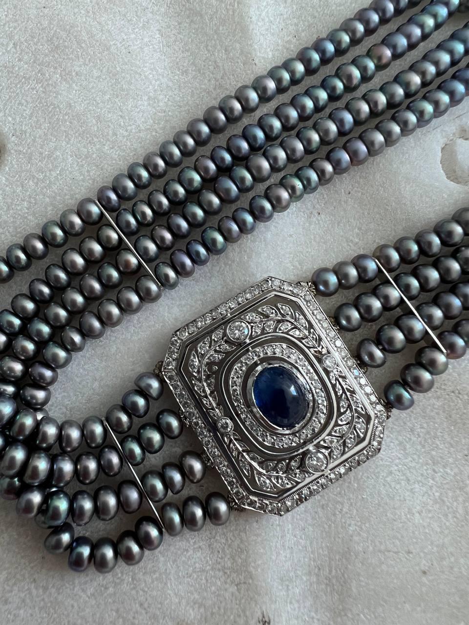 Women's or Men's Vintage 14K Sapphire, Diamond & Dyed Pearl Choker Necklace