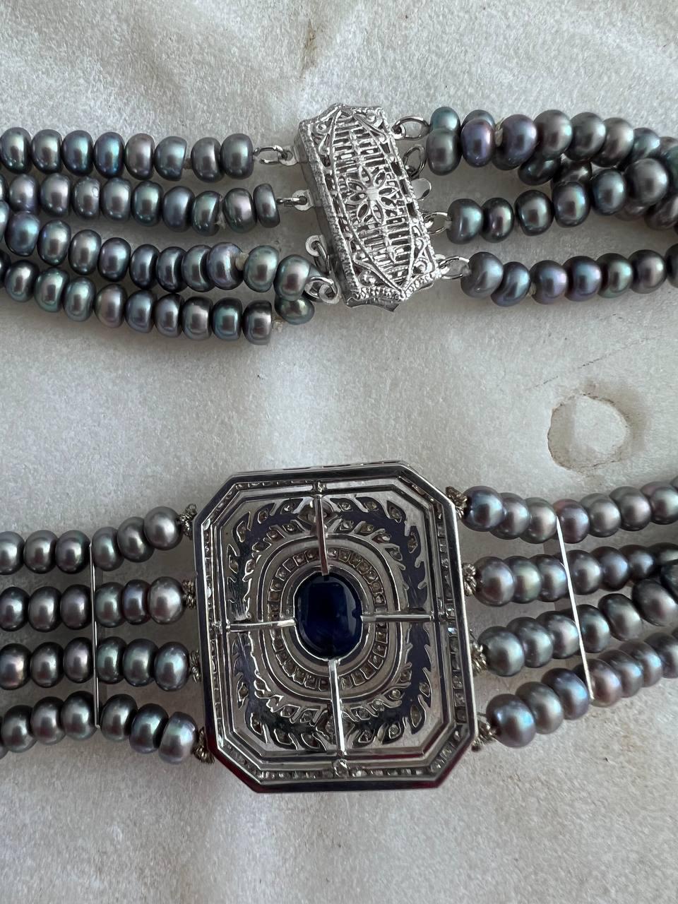 Vintage 14K Sapphire, Diamond & Dyed Pearl Choker Necklace 1