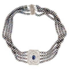 Vintage 14K Sapphire, Diamond & Dyed Pearl Choker Necklace
