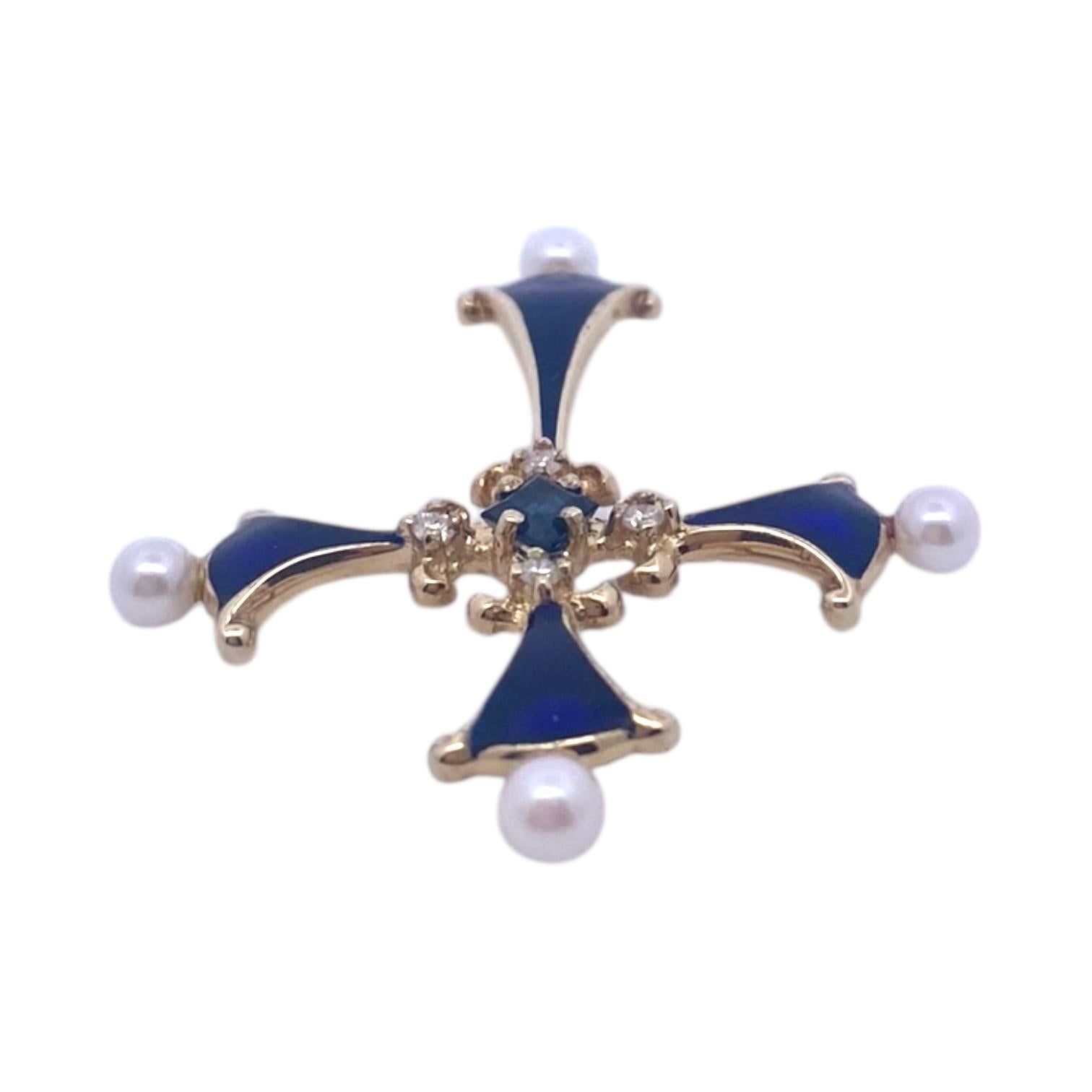 Colgante Cruz Esmaltada Zafiro Diamante Perla 14K Vintage Contemporáneo en venta