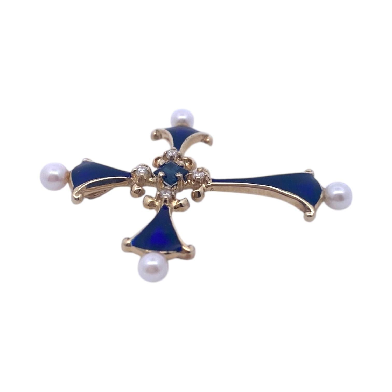 Colgante Cruz Esmaltada Zafiro Diamante Perla 14K Vintage Corte cuadrado en venta