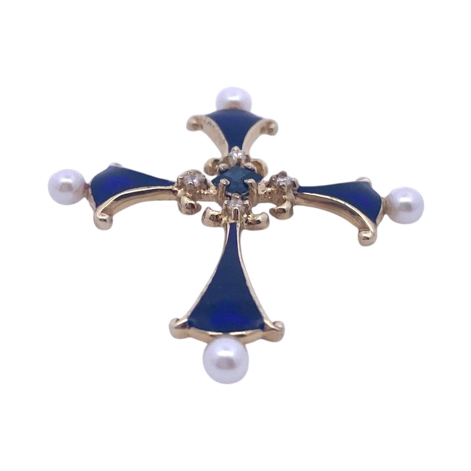 Colgante Cruz Esmaltada Zafiro Diamante Perla 14K Vintage en Bueno estado para la venta en Henderson, NV