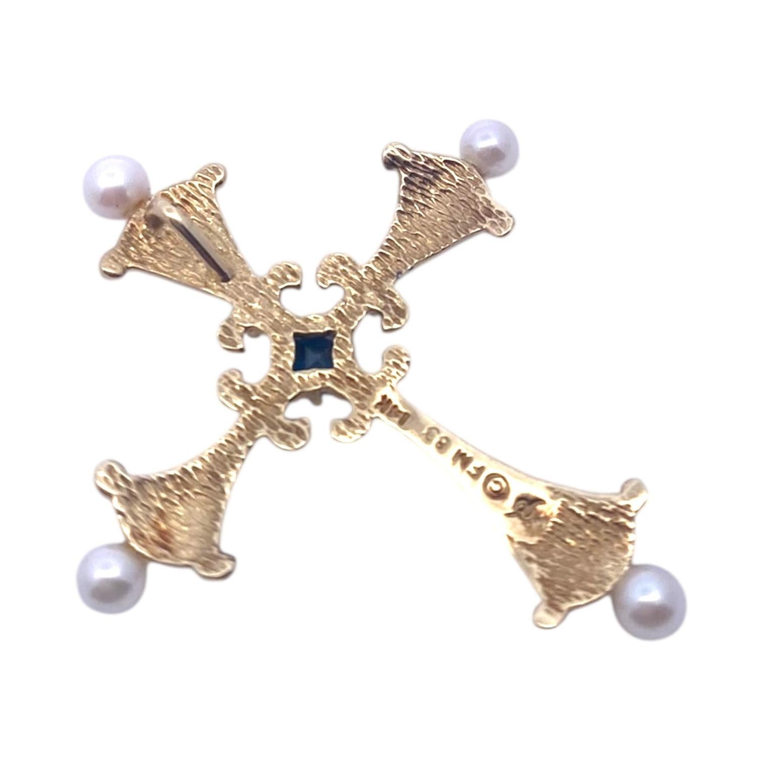 Femenino o masculino Colgante Cruz Esmaltada Zafiro Diamante Perla 14K Vintage en venta