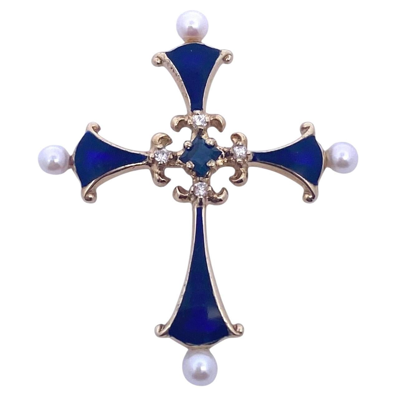Colgante Cruz Esmaltada Zafiro Diamante Perla 14K Vintage en venta