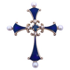 Colgante Cruz Esmaltada Zafiro Diamante Perla 14K Vintage