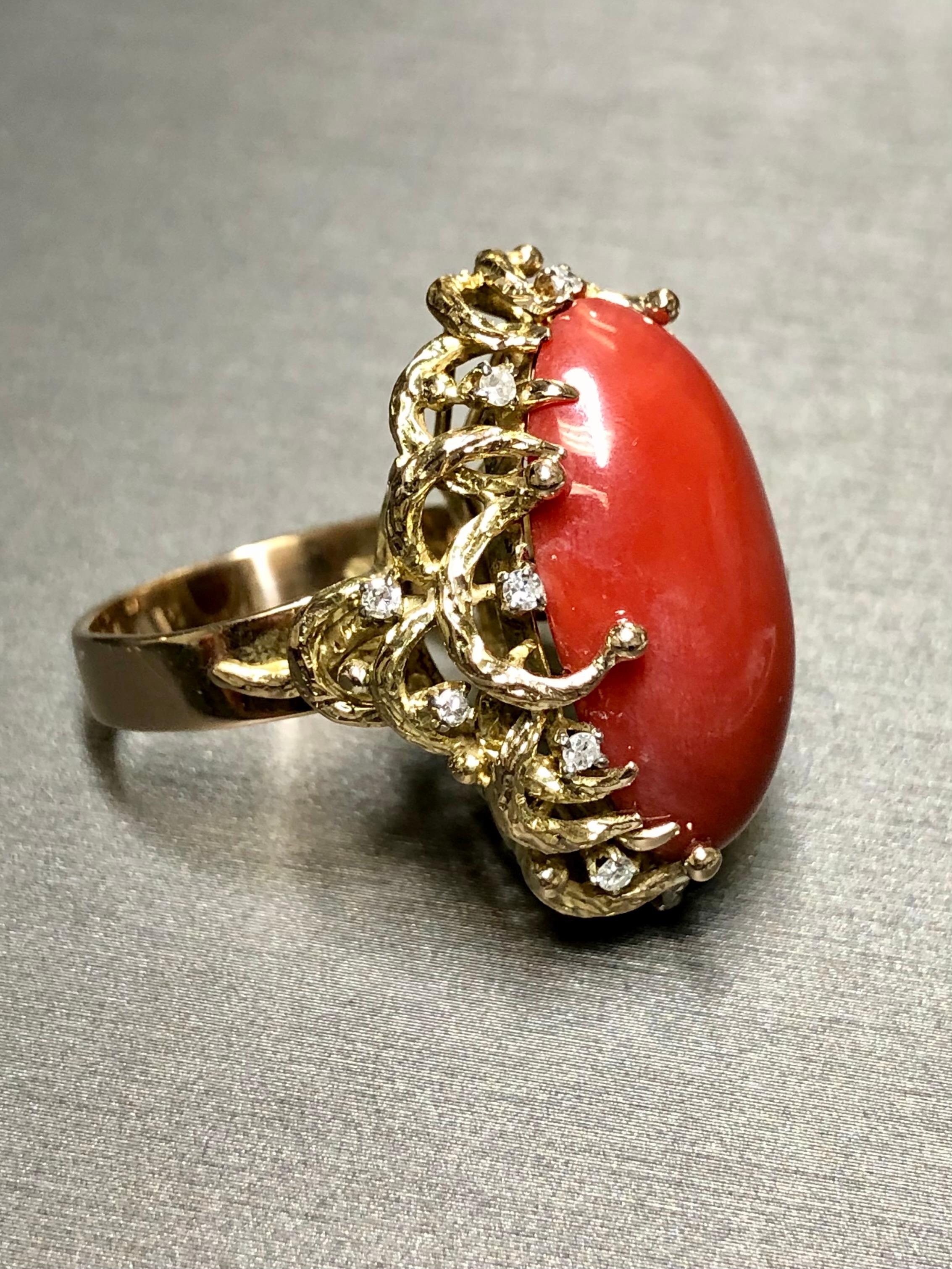 Contemporary Vintage 14K Sardinian Red Coral Cabochon Diamond Cocktail Ring For Sale