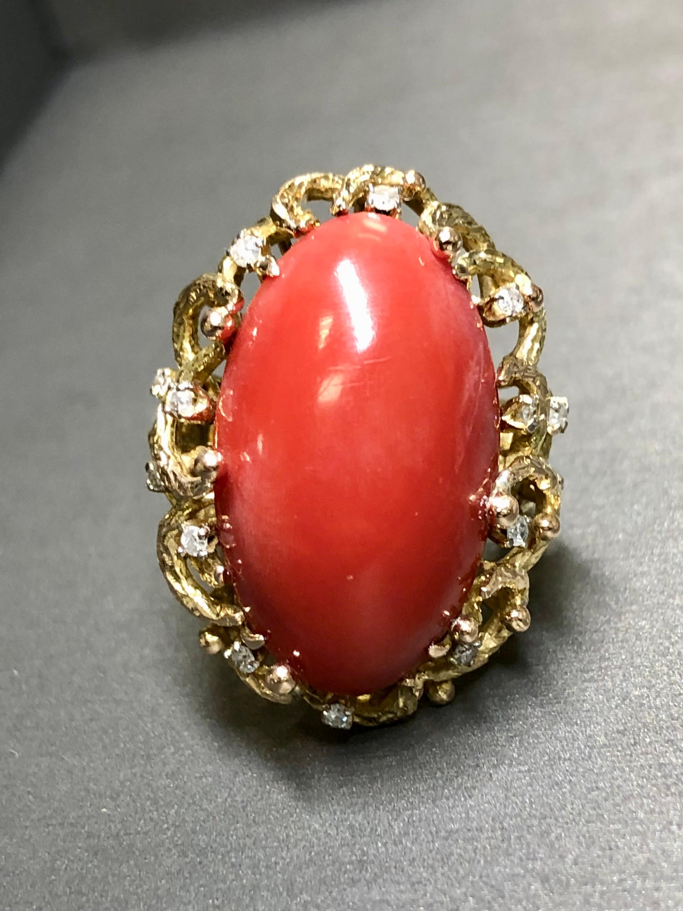 Women's or Men's Vintage 14K Sardinian Red Coral Cabochon Diamond Cocktail Ring For Sale