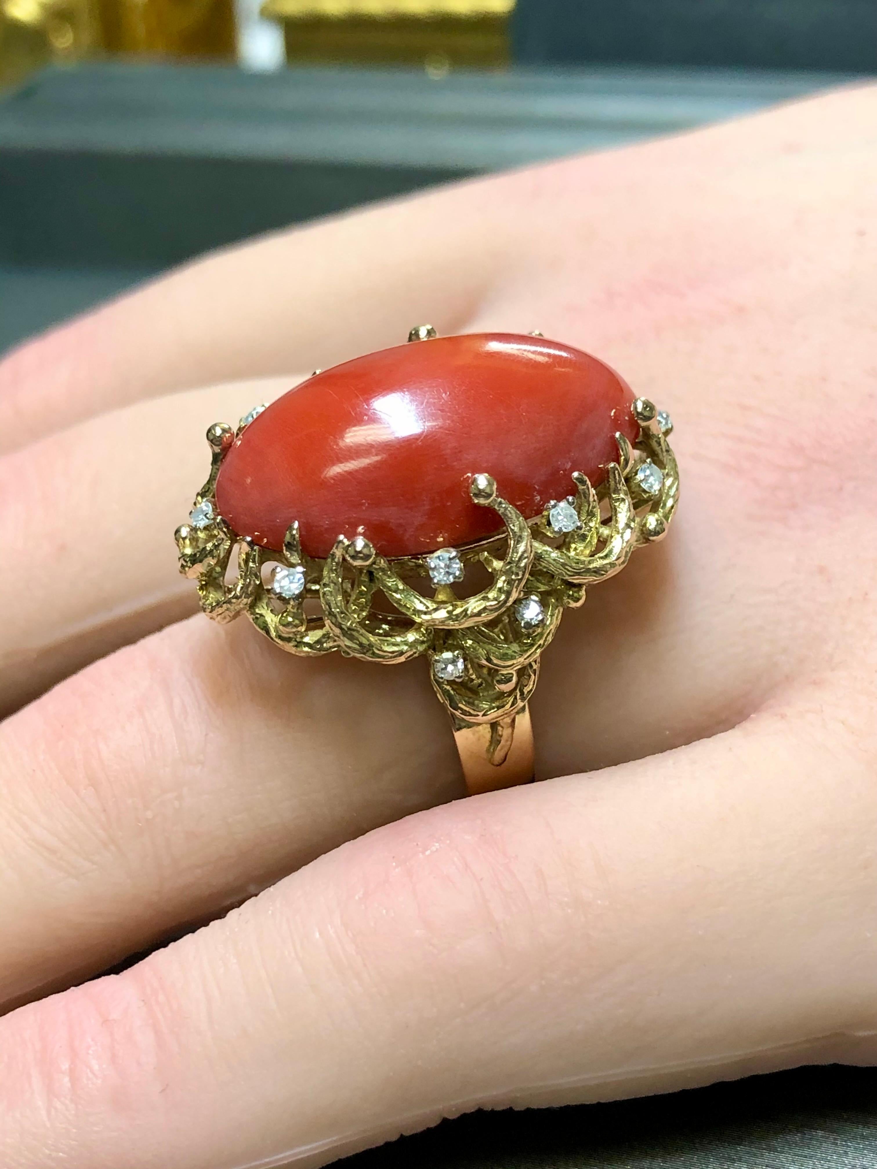 Vintage 14K Sardinian Red Coral Cabochon Diamond Cocktail Ring For Sale 1