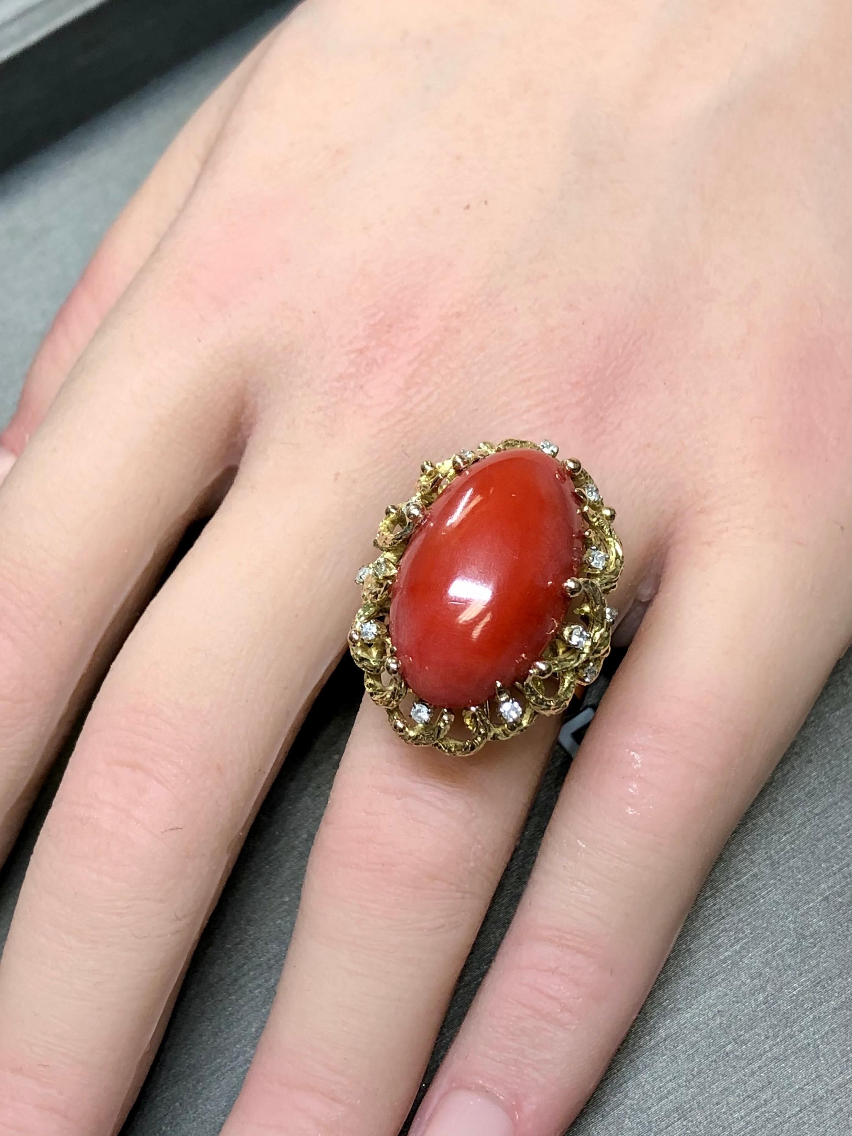 Vintage 14K Sardinian Red Coral Cabochon Diamond Cocktail Ring For Sale 2