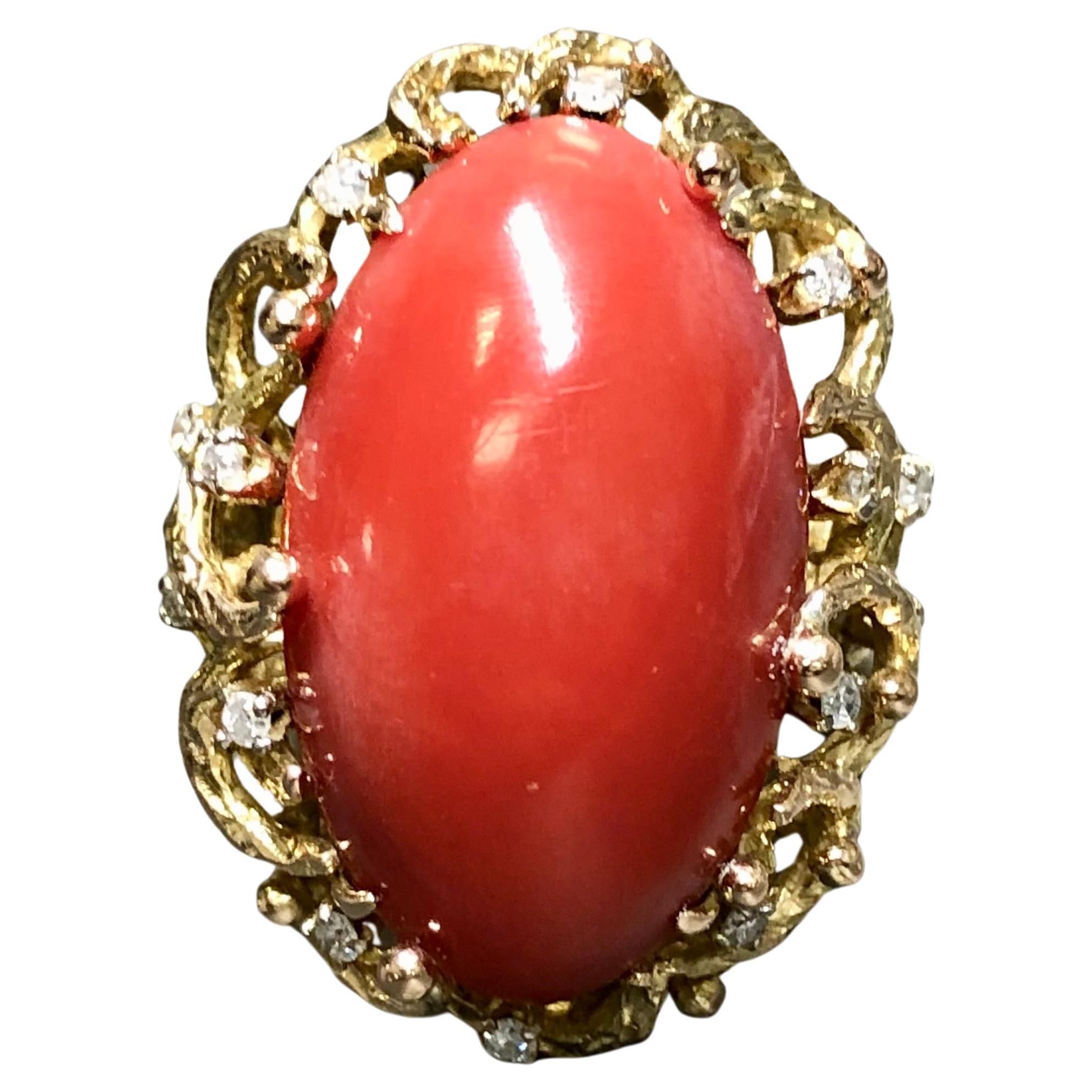 Vintage 14K Sardinian Red Coral Cabochon Diamond Cocktail Ring For Sale