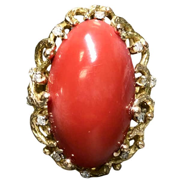 Vintage 14K Sardinian Red Coral Cabochon Diamond Cocktail Ring For Sale ...