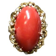 Vintage 14K Sardinian Red Coral Cabochon Diamond Cocktail Ring