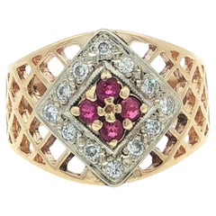 Vintage 14k Solid Gold 0.42ct Diamond & Ruby Open Pattern Wide Band Ring