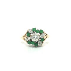 Vintage 14k Solid Gold 0.70ctw Round Diamond & Emerald Flower Cluster Ring