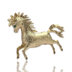 Vintage 14K Textured Gold Prancing Horse Brooch with Diamonds & Emerald Eye