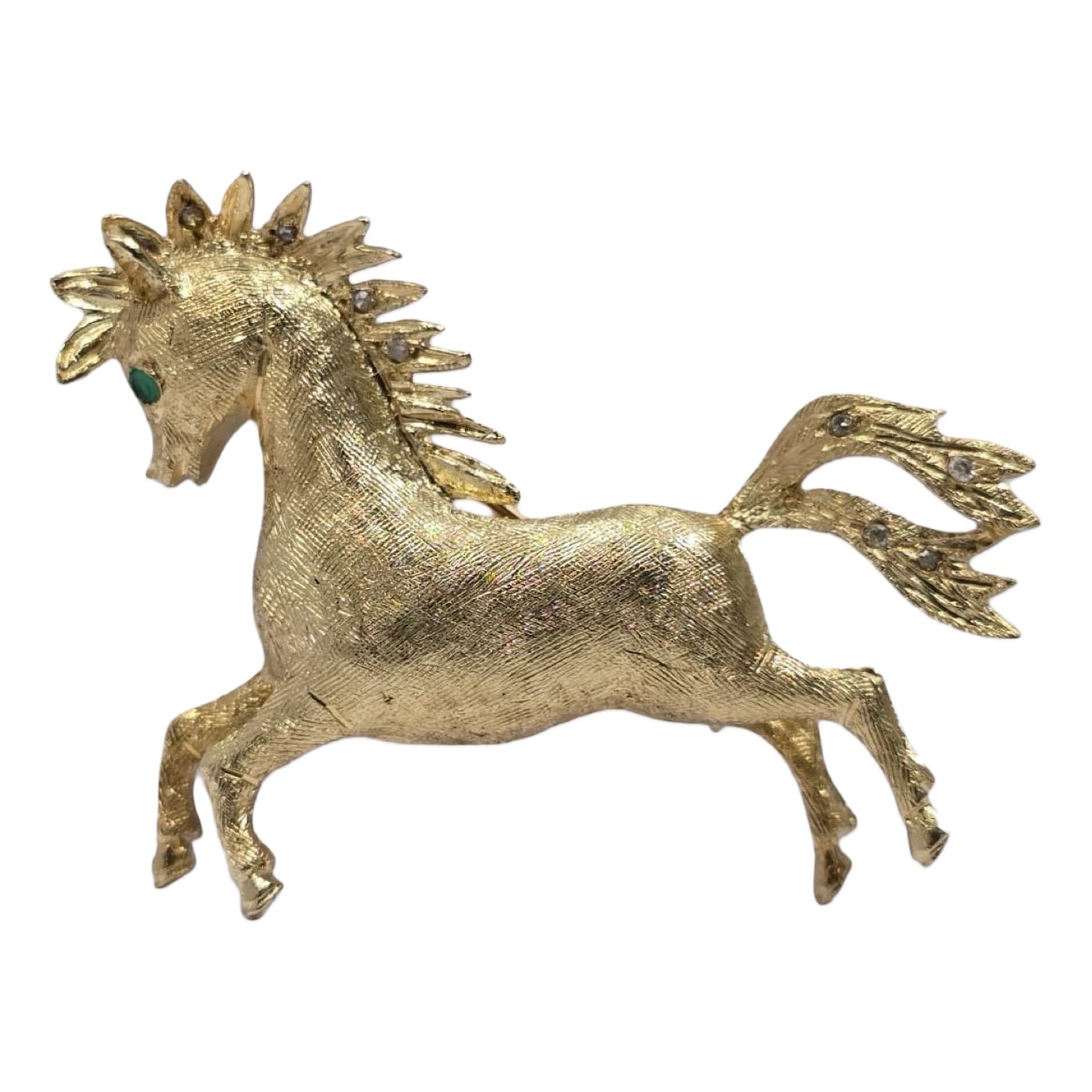 Vintage 14K Textured Gold Prancing Horse Brosche mit Diamanten 
Smaragd Auge