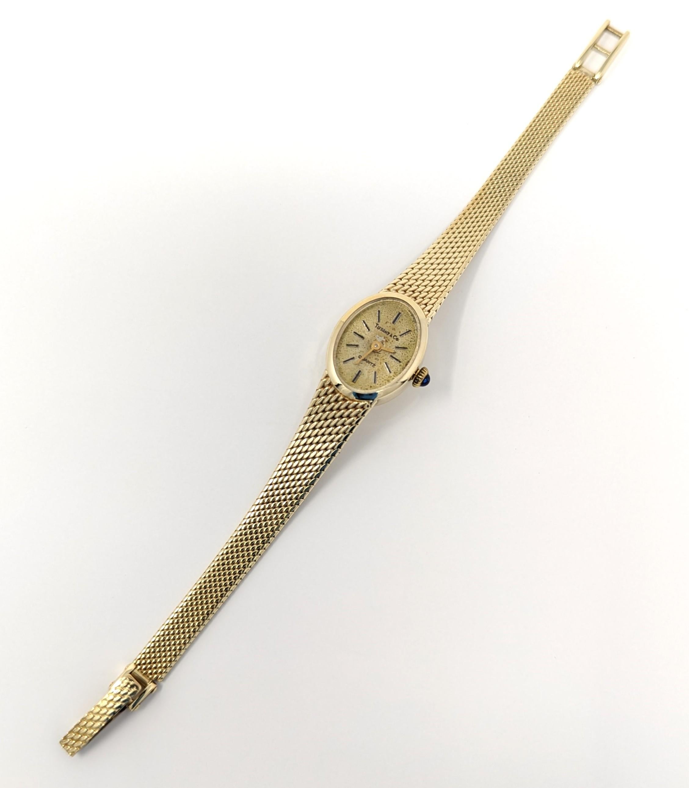 Modern Vintage 14k Tiffany & Co Watch Mesh Band Solid Yellow Gold Ladies Award Signed For Sale