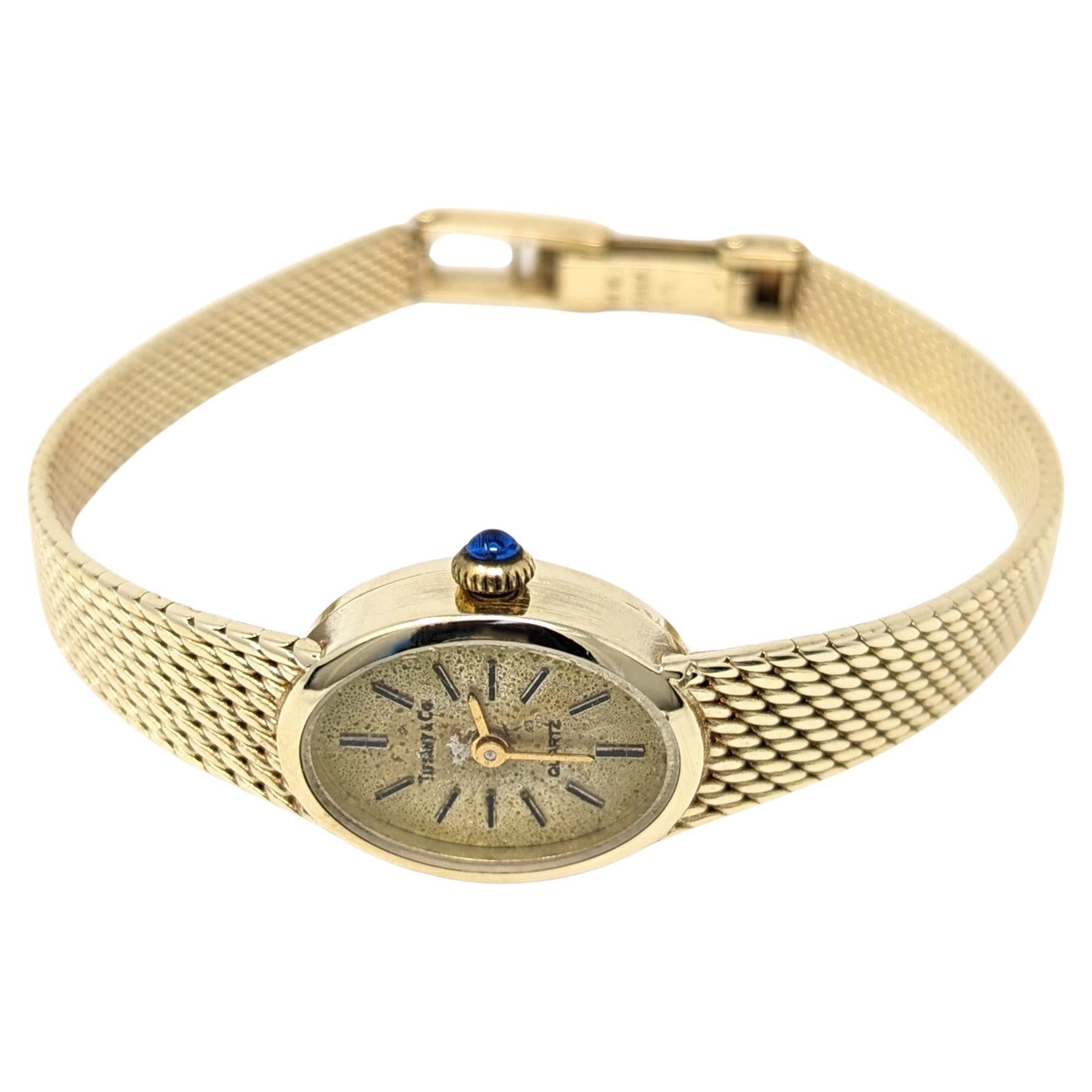 Vintage 14k Tiffany & Co Watch Mesh Band Solid Yellow Gold Ladies Award Signed For Sale