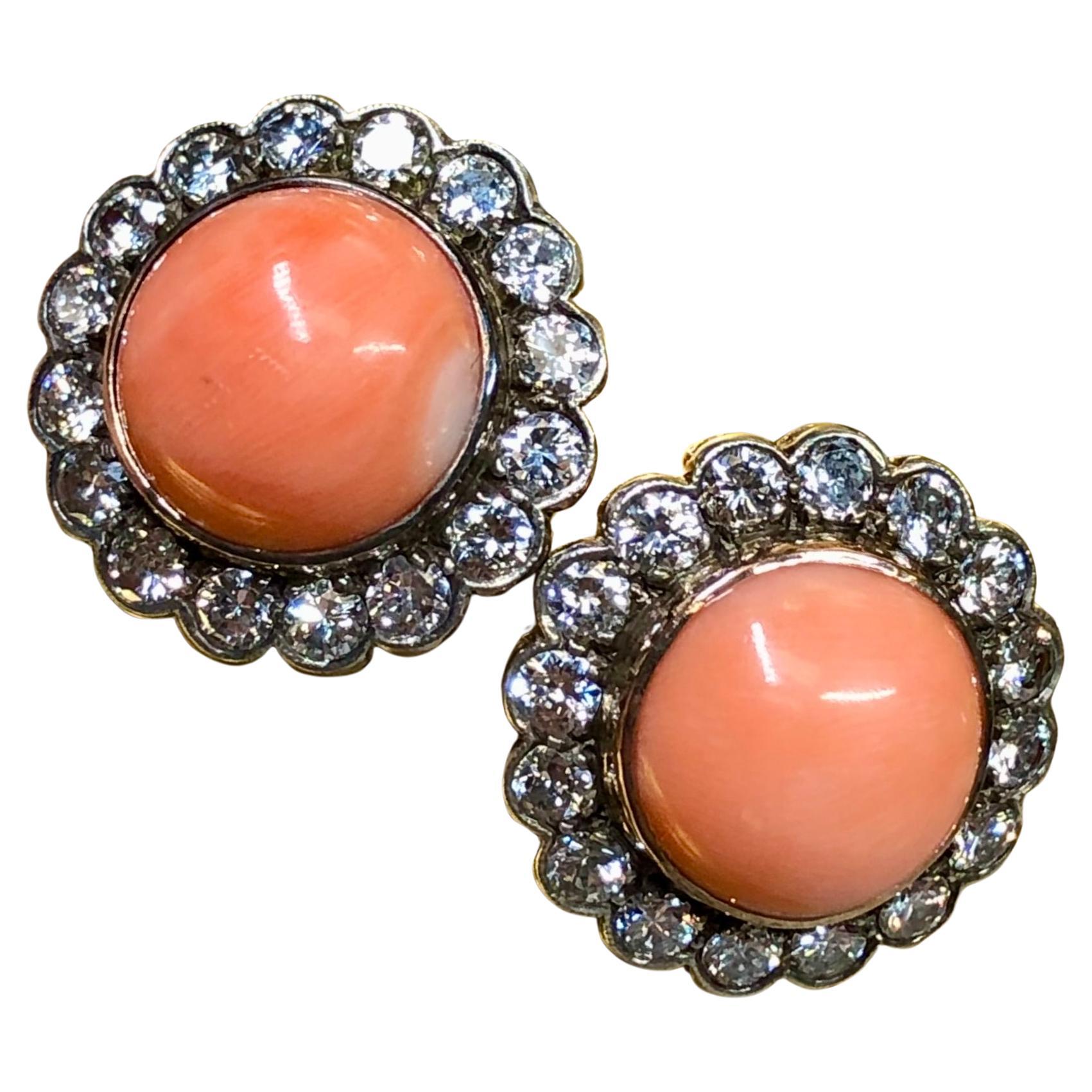 Vintage 14K Transitional Diamond Cabochon Pink Coral Rosetta Stud Earrings 3.20c
