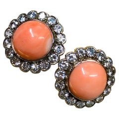 Vintage 14K Transitional Diamond Cabochon Pink Coral Rosetta Stud Earrings 3.20c