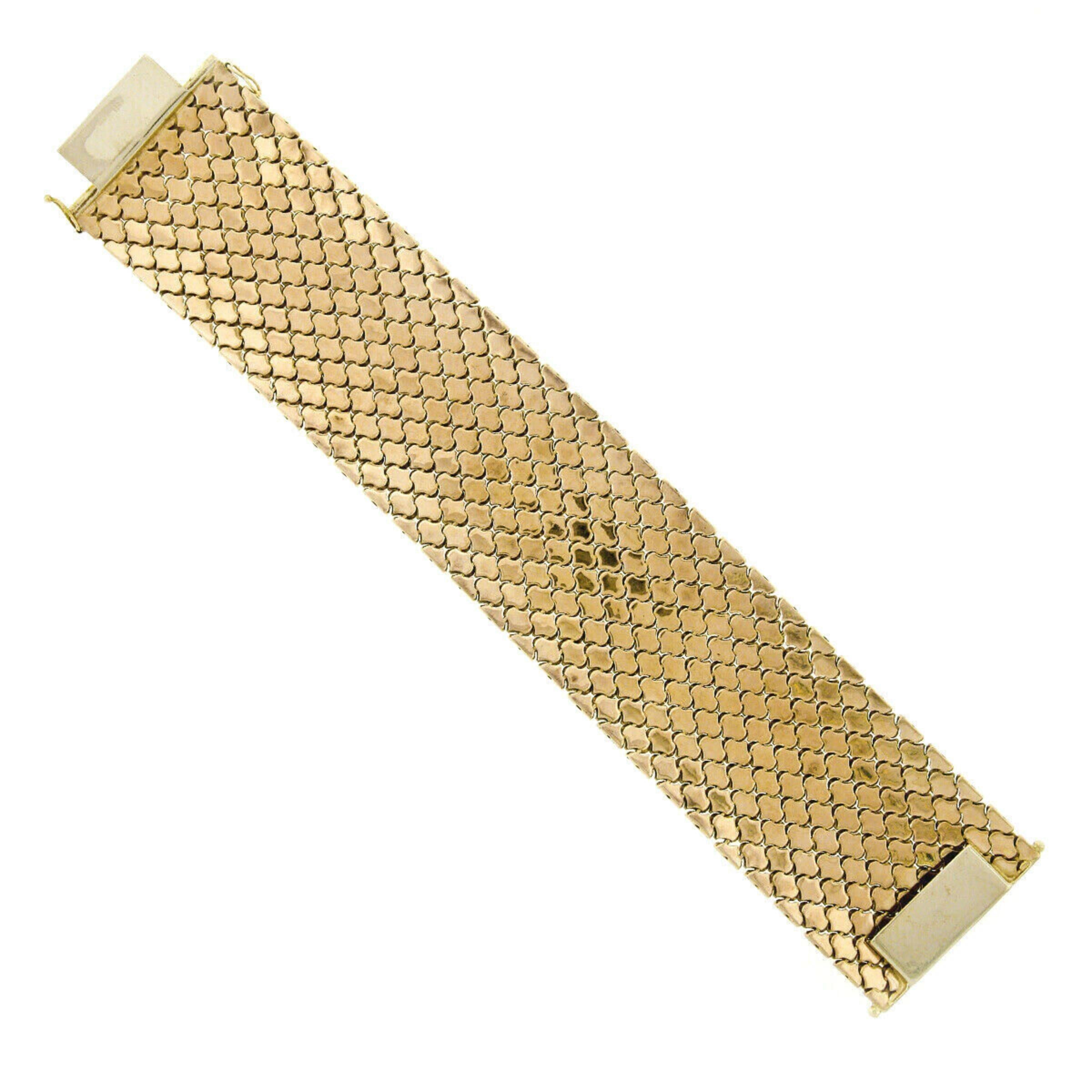 Women's Vintage 14k Tri Color Gold Diamond Pattern Florentine Wide Mesh Chain Bracelet