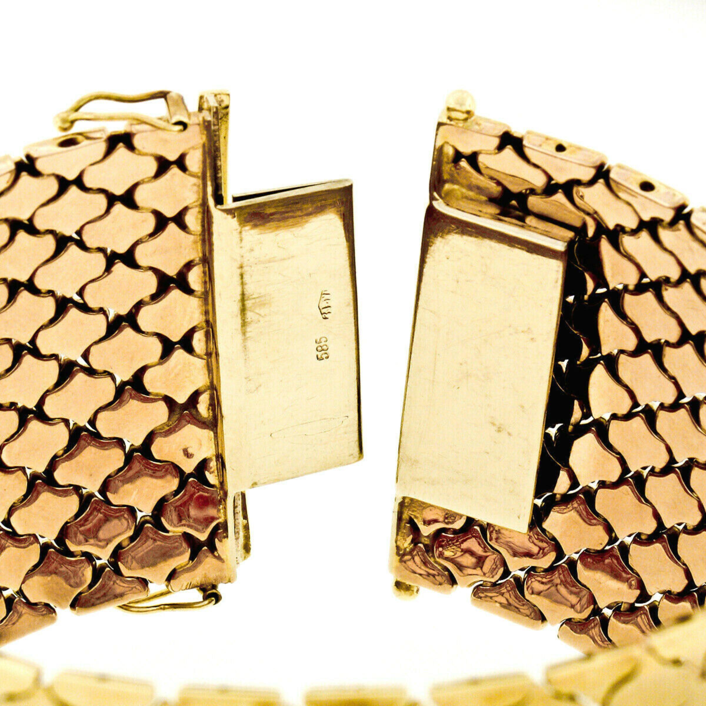 Vintage 14k Tri Color Gold Diamond Pattern Florentine Wide Mesh Chain Bracelet 3